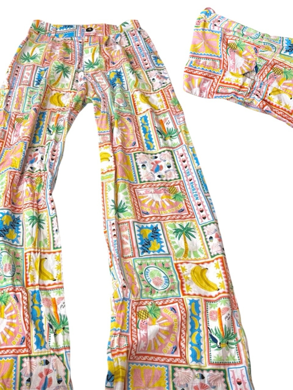 🌞 S/M Multicolor Tropical Postcard Print Linen Pants Set